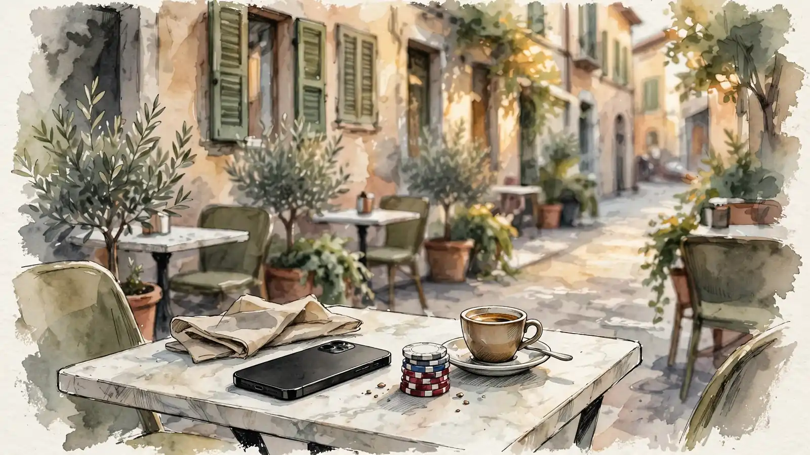 iPhone su tavolino di un caffè italiano con fiches ed espresso