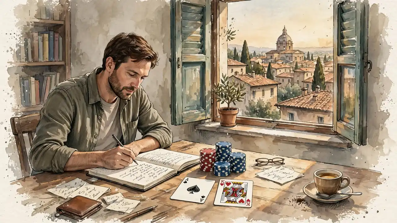 Uomo al lavoro in ufficio italiano con gettoni e carte da gioco