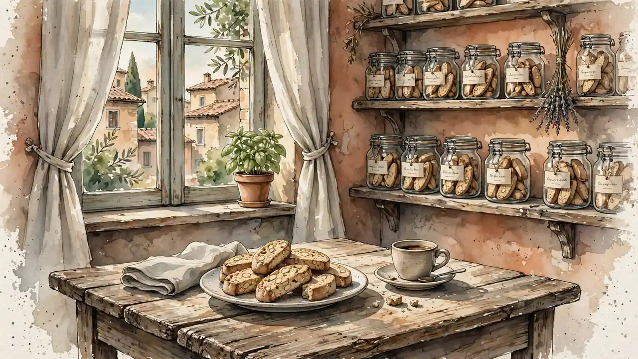 Tavolo di una pasticceria italiana con biscotti freschi e tazzina di caffè