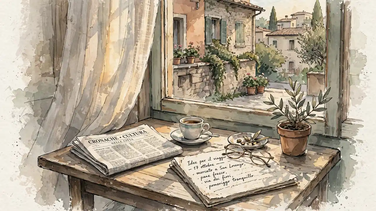 Tavolino di un caffè italiano con tazzina, occhiali da lettura e taccuino vicino a una finestra illuminata dal sole pomeridiano.