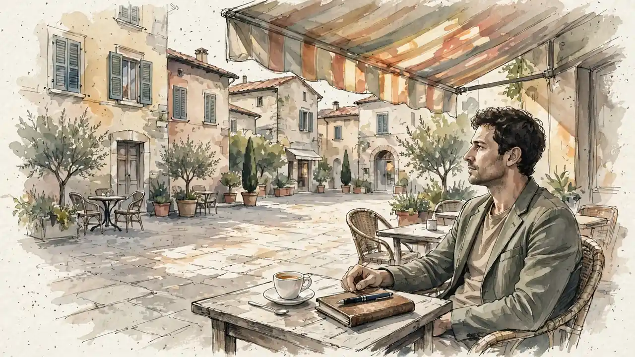 Una persona riflette a un tavolino di caffè italiano con espresso e quaderno.