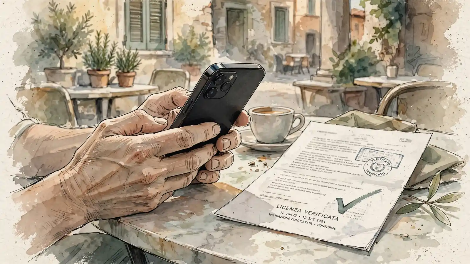 Manoscritto che verifica una licenza ADM su un tavolino di un caffè italiano.