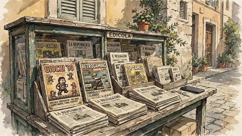 Edicola italiana che mostra l'evoluzione del gioco nel tempo.