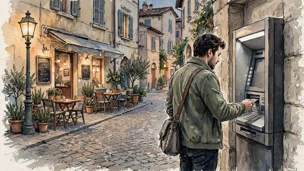 Prelievo al bancomat in una tranquilla via italiana di sera.