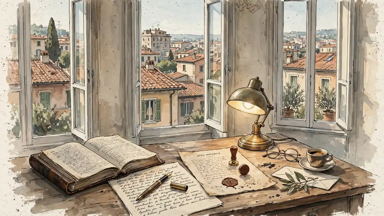 Scrivania con libro legale, penna stilografica e tazza di espresso in luce pomeridiana.