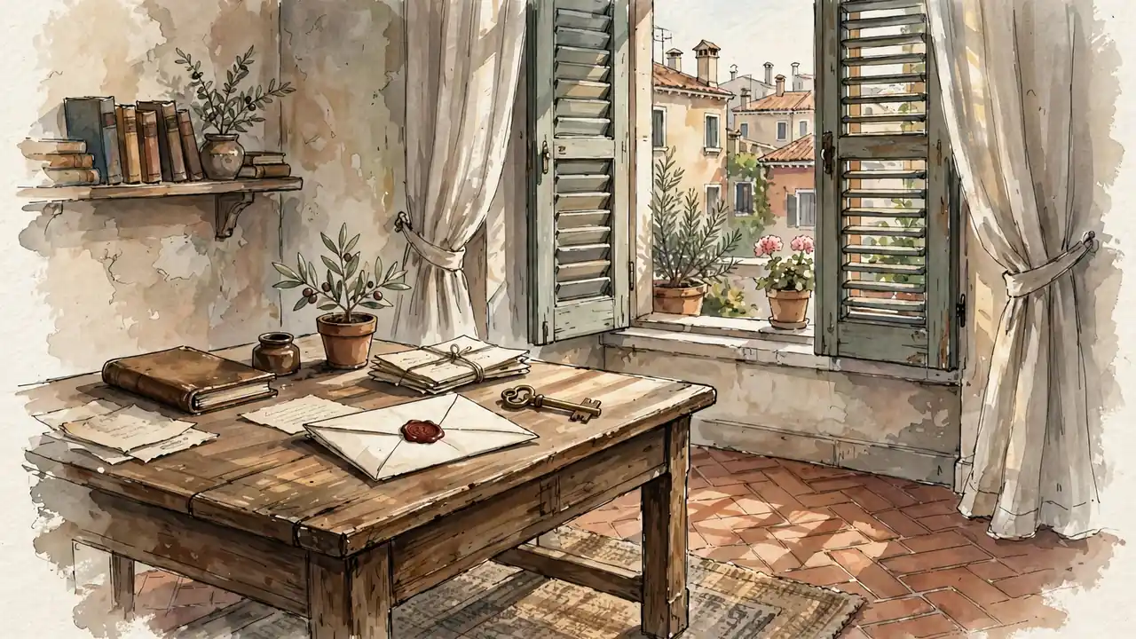 Ufficio italiano con scrivania in legno, lettera sigillata e chiave di ottone.